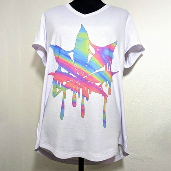 Handmade Tops - Rainbow Cannabis Leaf Drip V Neck Shirt